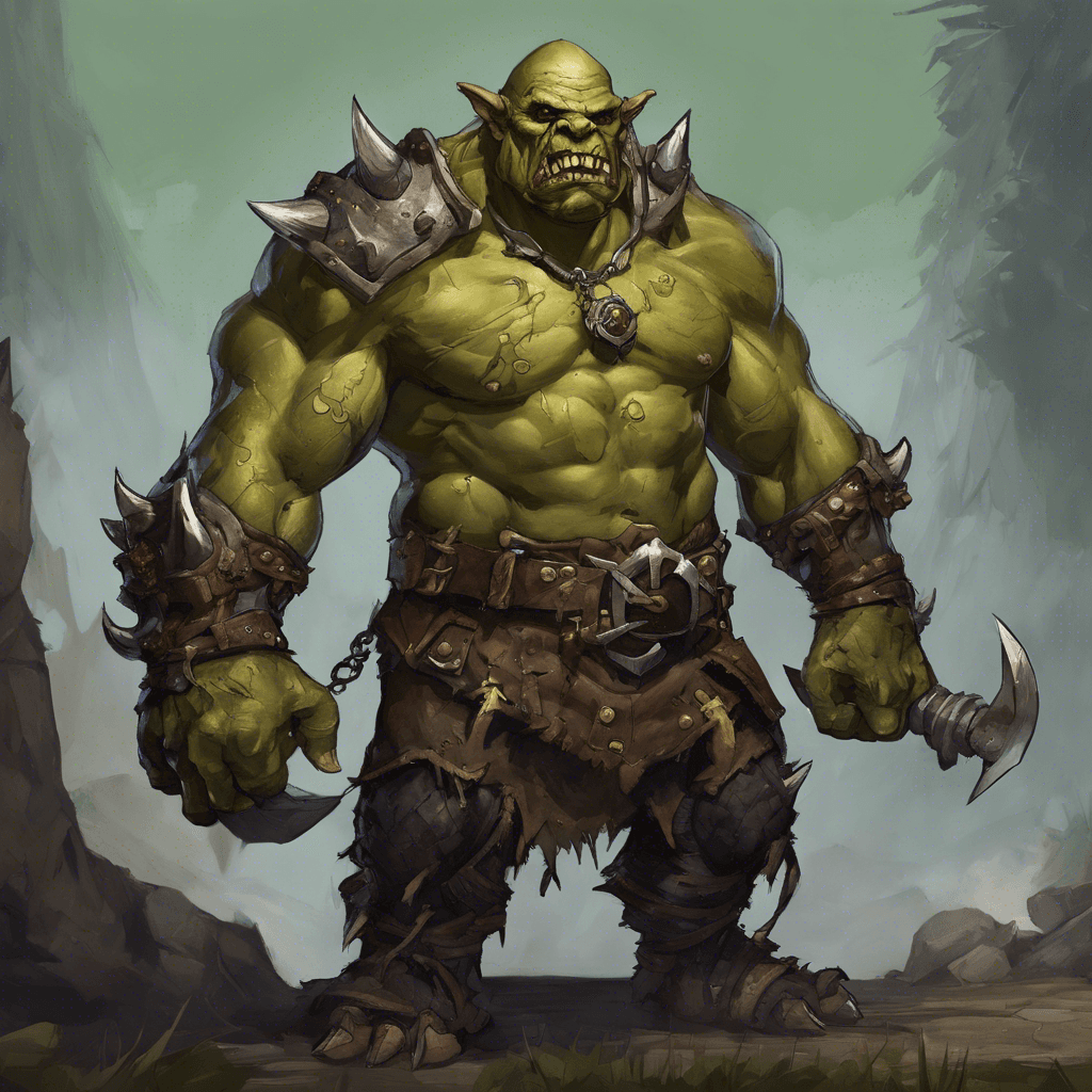 Garokk the Foul is a massive orc brute, towering over others with bulging muscles and thick, greenish skin scarred from countless battles. His eyes are a piercing yellow, and his jaw is adorned with sharp, jutting tusks. He's dressed in ragged leather armor, and a necklace of bone trophies clatters against his chest with each step. He wields a large, crudely forged axe that seems to thirst for blood.