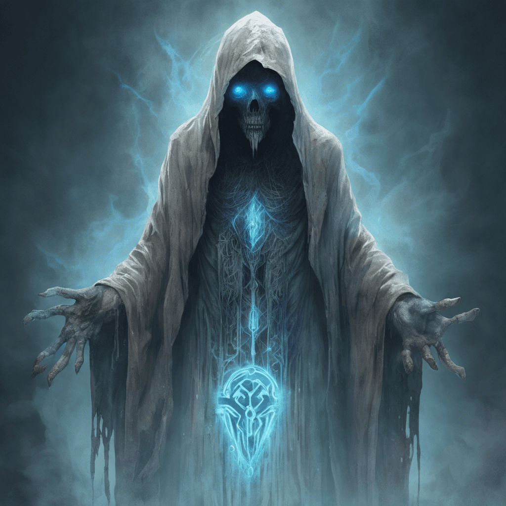 A spectral figure arises, emitting a faint blue glow, clothed in tattered robes with ancient runes etched into its incorporeal flesh. Its eyes are hollow, yet they seem to pierce into the soul.