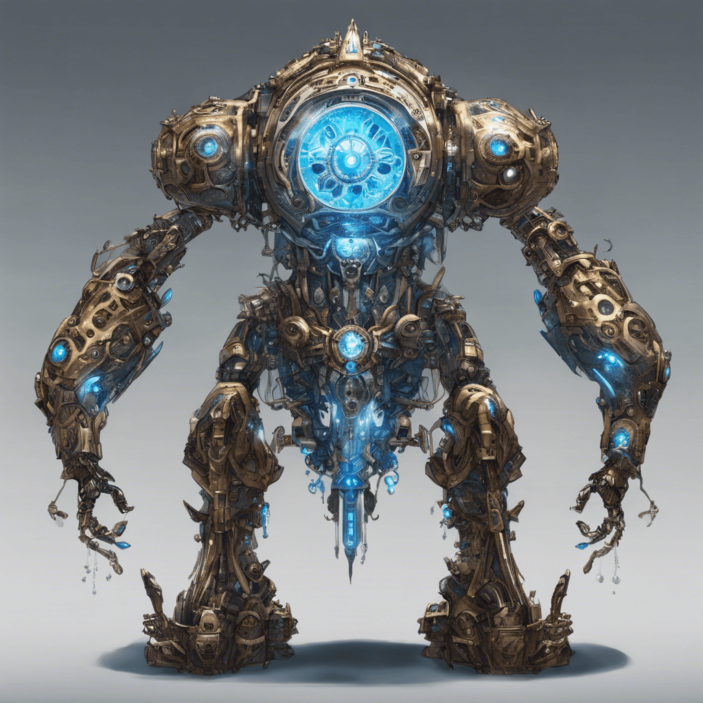 A towering clockwork sentinel, the Chrono Warden is encased in shimmering metallic armor, intricate gears visible beneath its transparent panels. Its eyes glow with a piercing blue light, and it moves with a synchrony that suggests both power and precision.