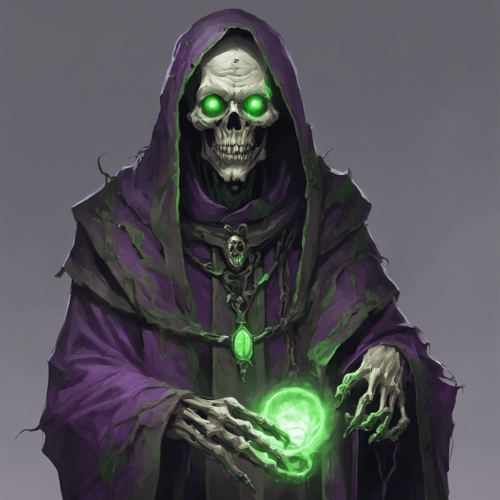 An undead priest in tattered clerical robes, its eyes hollow and glowing with a malevolent green light. Its skin is pallid and stretched tight over its skeletal frame, and it carries an ancient, rusted censer that emits a sickly purple smoke.