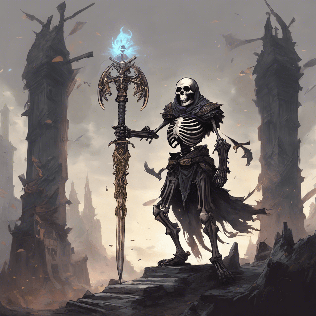 A towering skeleton, thrice the height of a man, armored in nefarious shadowy rags woven with profane symbols and wielding a gigantic bone sword glowing with ethereal energy.