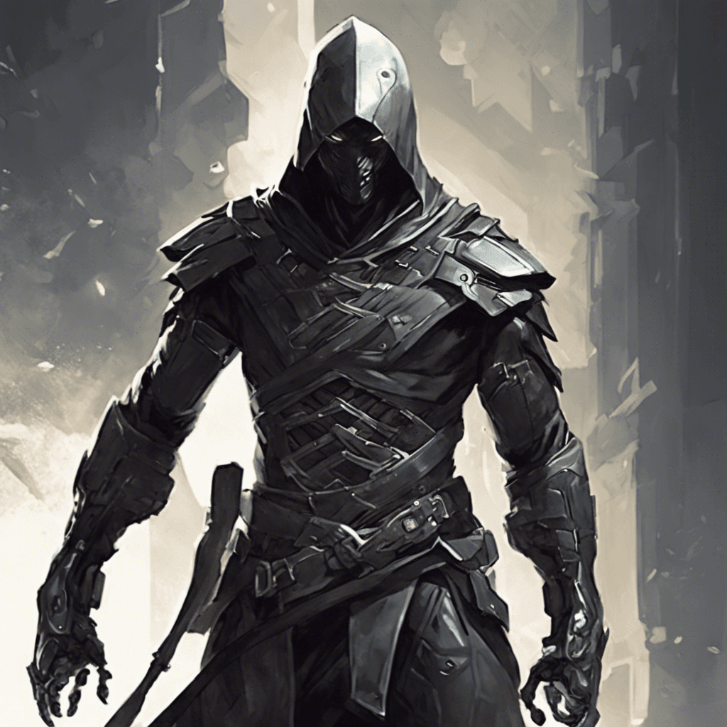 The assassin is a lean, ominous figure shrouded in advanced stealth armor that flickers with digital ghosting effects, intended to make him nearly invisible. His limbs are augmented with deadly bladed weapons that shimmer with a monomolecular edge. He moves with preternatural grace, a harbinger of silent death.