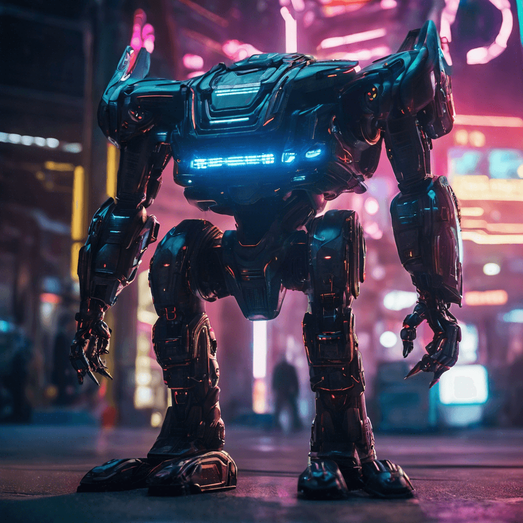 The Neonixian Star Sentinel is a towering robotic guardian, adorned with gleaming neon lights and advanced weaponry. Its body is sleek and metallic, reflecting the cosmic light around it. It moves with precision and emits an ominous humming sound as it hovers above the ground.