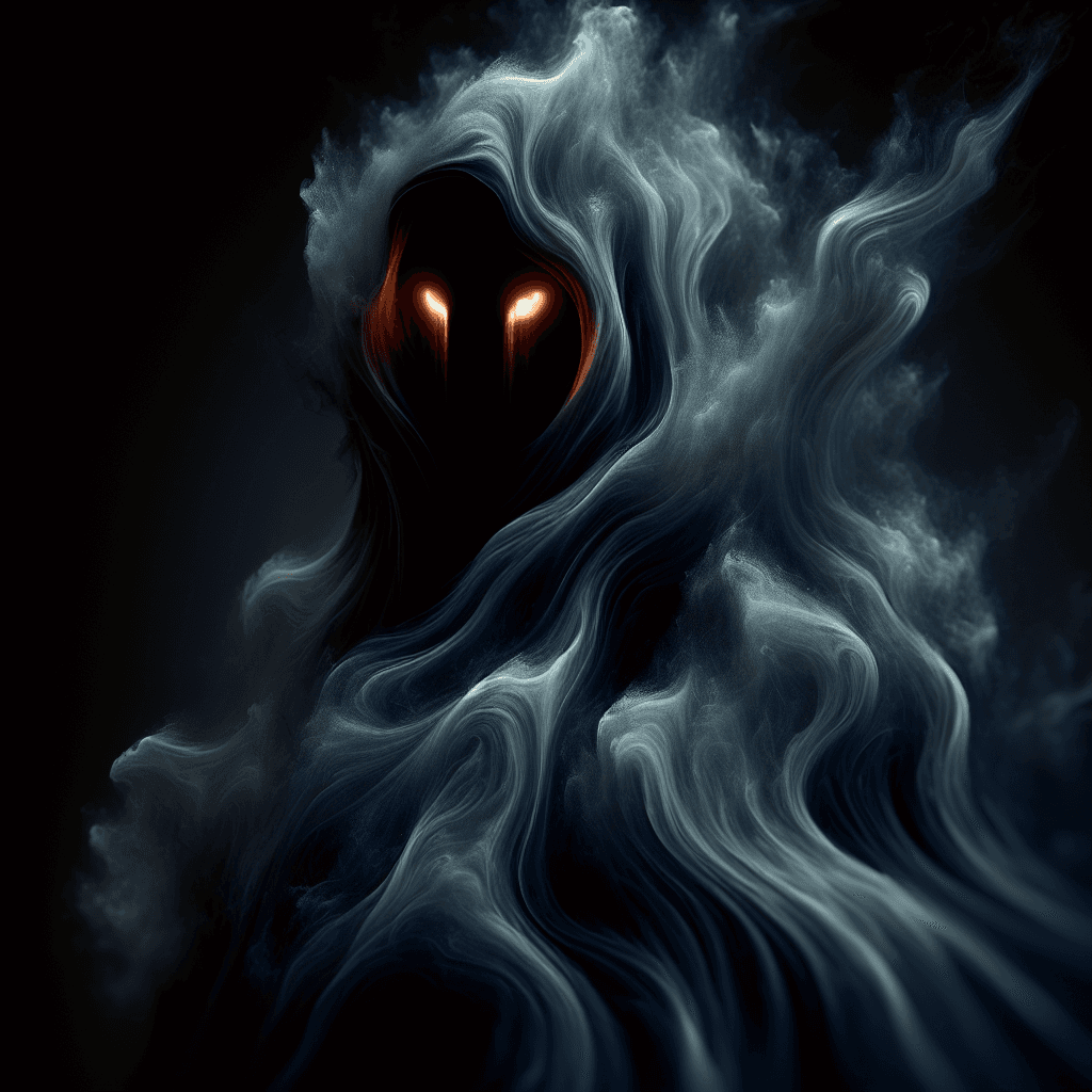 A dark, ethereal figure, its form flickering like a shadow on the moon. Its eyes are twin embers of pure chaos, and tendrils of darkness seep from its cloak like smoke from a vile incense.