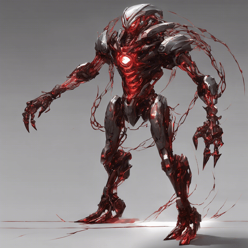 A towering humanoid figure, glinting with metallic and organic components intertwined, eyes glowing with a malevolent red. Each step resonates with a menacing thud; it's clear this entity is built for combat. The bioroid’s arms transform into weapons at will, shapeshifting according to its needs.