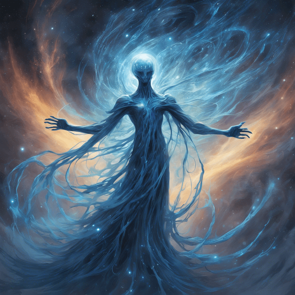 A shimmering spectral entity, the Stellar Wraith emanates a ghostly blue light. Its body is a swirling mass of cosmic energy, with long tendrils of light stretching out like the arms of a nebula.