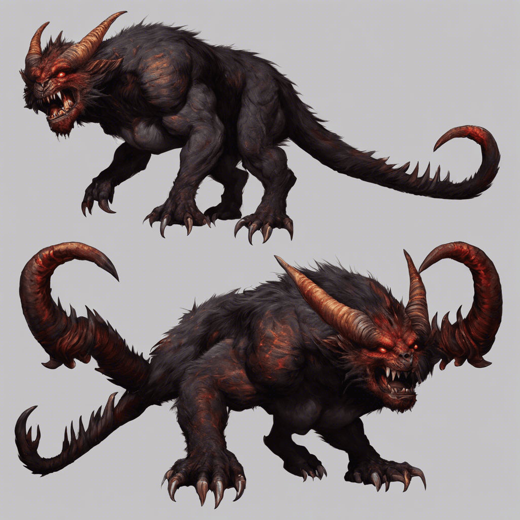 The Ghorgon is a massive, hulking beast with four arms, each tipped with razor-sharp claws. Its body is covered in thick, dark fur and its eyes are a fiery red. Two large horns protrude from its head and its mouth is filled with rows of jagged teeth.