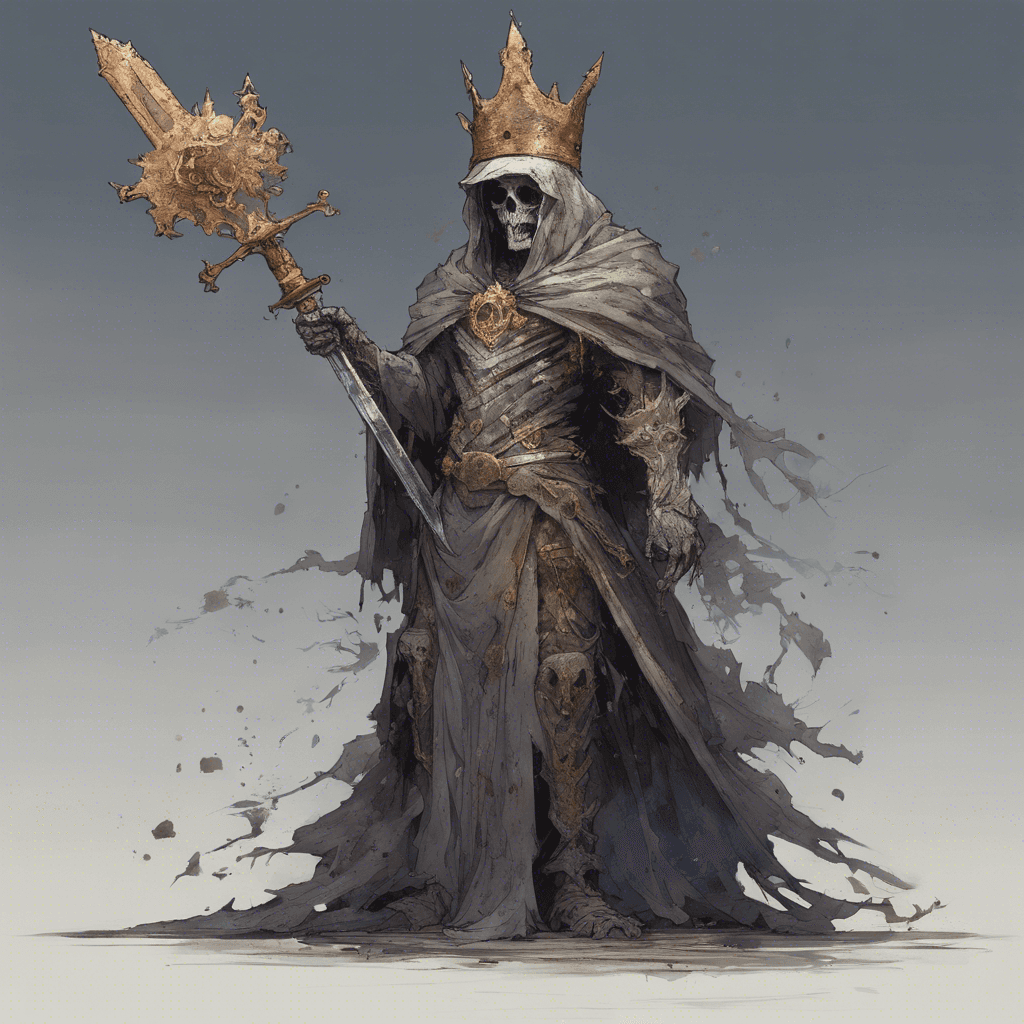 A spectral figure in decayed royal attire, wielding a rusted crown and an insubstantial sword that howls with the wind.