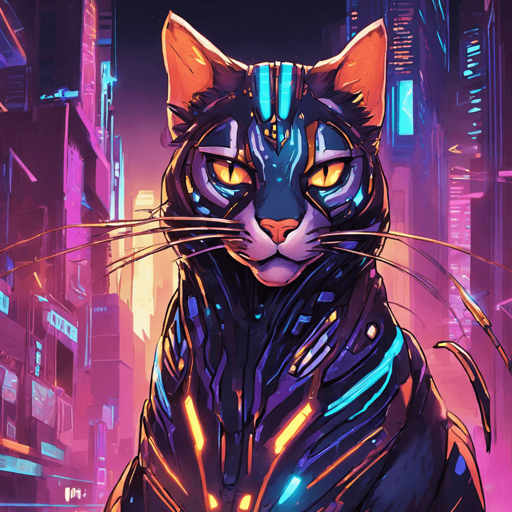 A behemoth of twitching wires and glowing circuits, Byte Bengal's cyber feline form lurks with uncanny stealth. It has vibrant, pulsating neon stripes and razor-sharp metallic claws, reflecting the chaotic flicker of Shadowhaven's city lights.