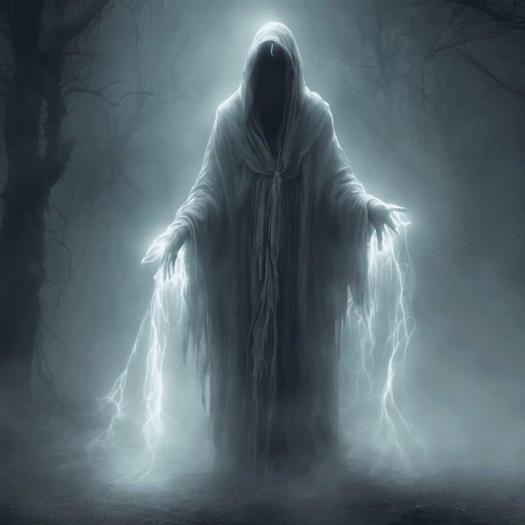 The Specter of the Forgotten appears as a ghostly figure shrouded in mist, its eyes glowing with an otherworldly light. Tattered robes hang from its ethereal form, and its touch chills the air around it.