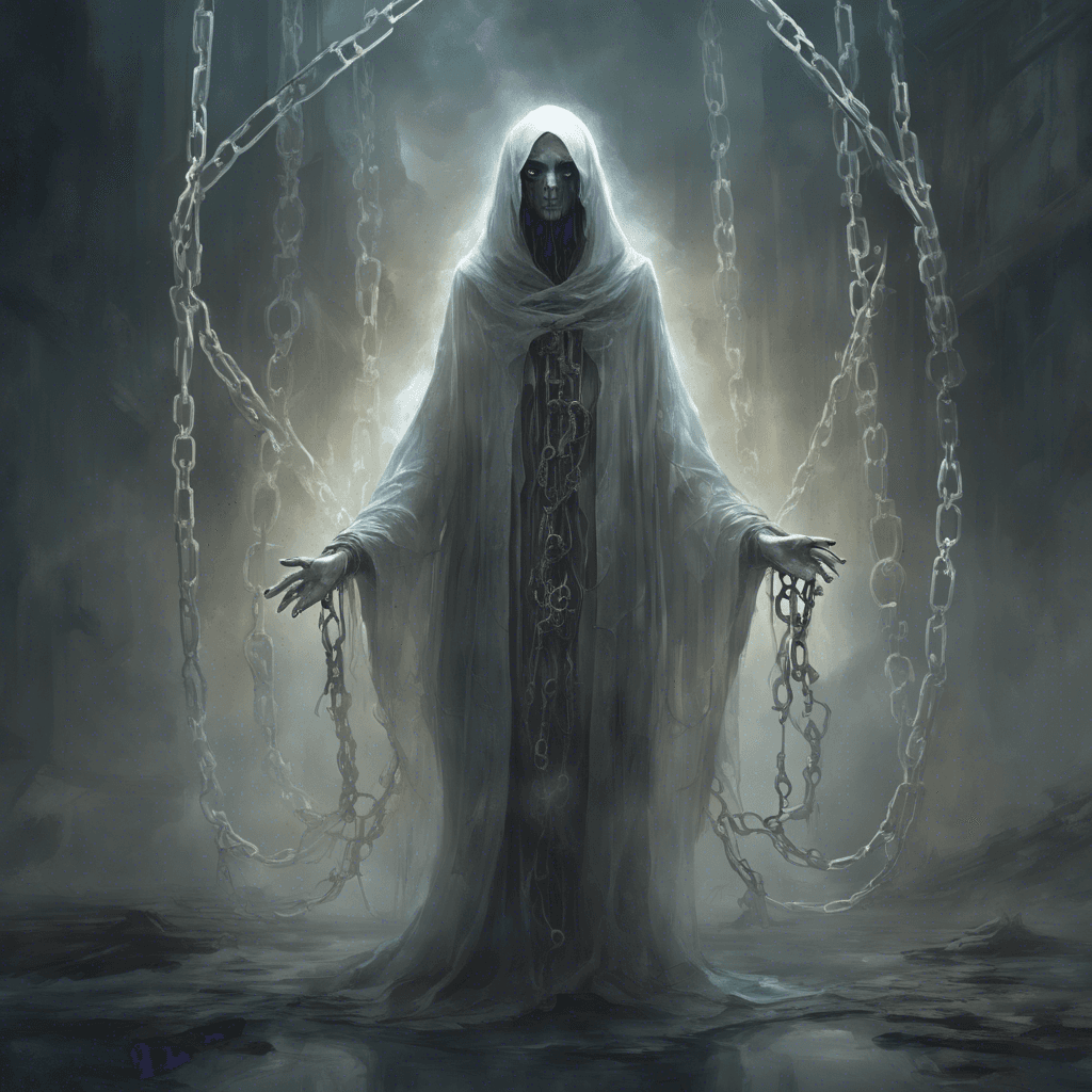 A translucent figure with hollow eyes, its form is shrouded in tattered robes, and it levitates with an eerie grace. Ethereal chains clank as they drag along behind it.