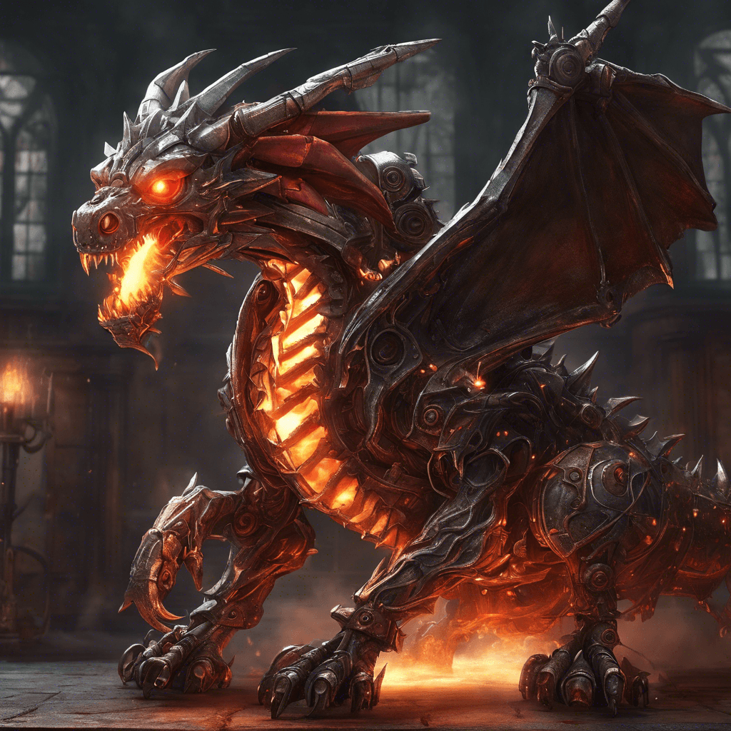 A behemoth of twisted metal and enchanted gears looms before you. Its metallic body is sculpted into the form of a dragon with steam puffing from its nostrils and fiery red eyes that glow with a sorcerous light. Each step it takes clanks with the weight of its iron form.