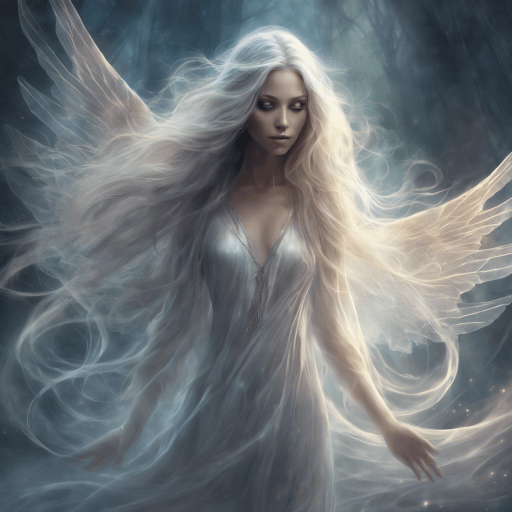 A ghostly figure with an ethereal, seductive aura. She has long flowing hair that seems to move independently of any breeze, eyes that glow with an otherworldly light, and translucent wings that shimmer with spectral energy.