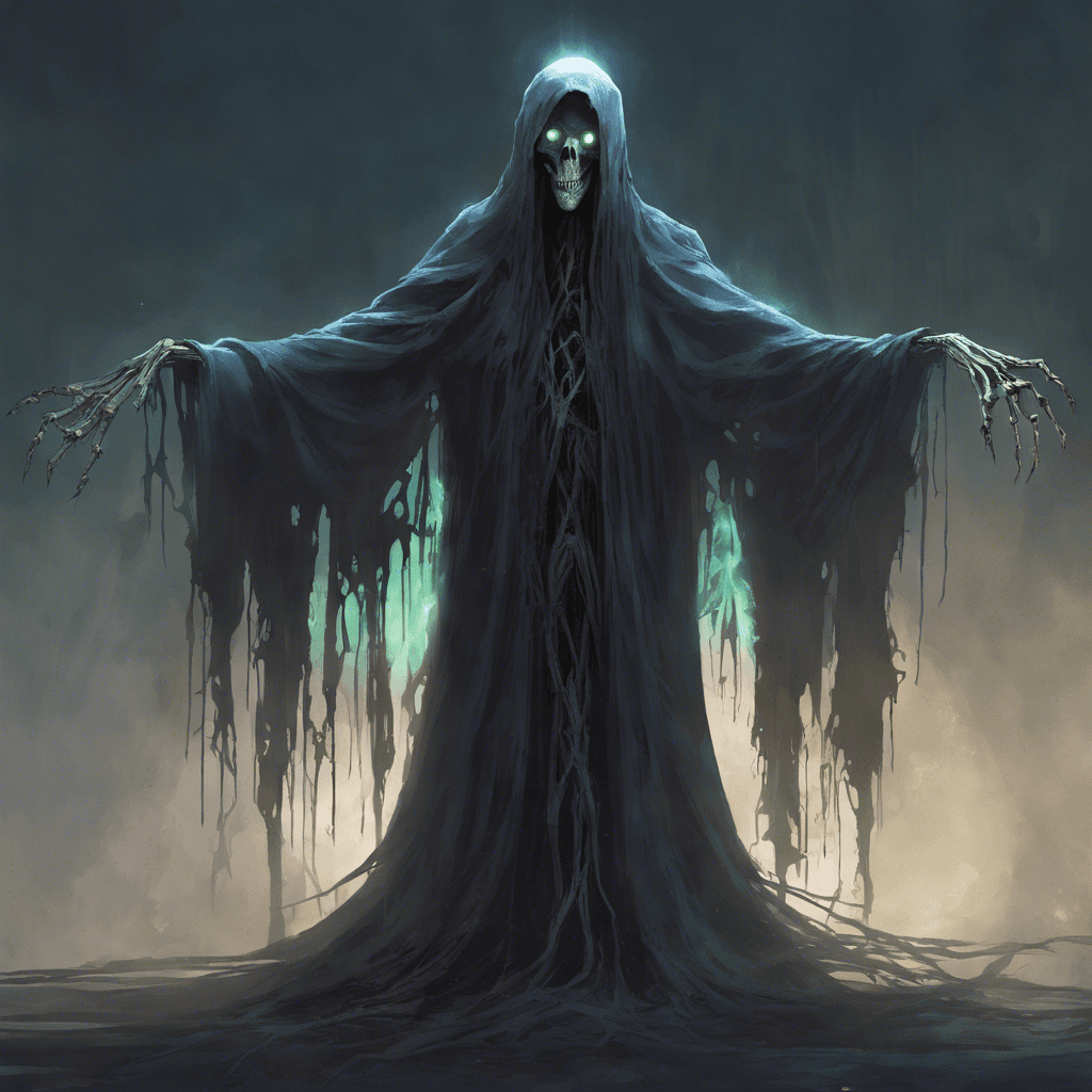 A towering wraith-like figure in tattered robes floating above the ground, with hollow eyes glowing faintly in the dim light. Its long, skeletal fingers are adorned with wisps of spectral energy.