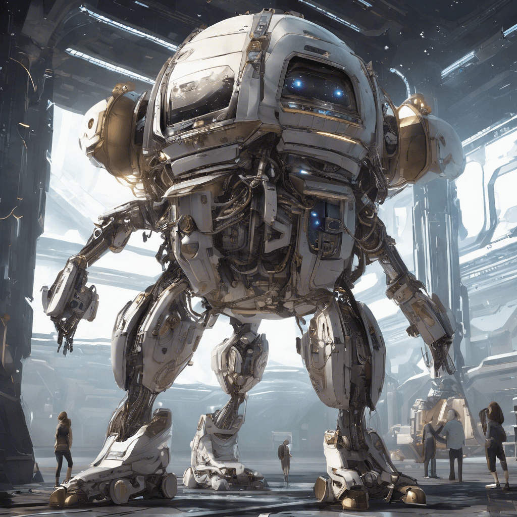 A towering mechanical entity, resembling a young schoolgirl often seen in the halls of learning, stands amidst the asteroids. She's constructed of a gleaming alloy, with uniform pleats and oversized propulsion units where one might expect a backpack. Her eyes, large and expressive, are fitted with advanced sensors, and her synthetic hair is pulled back into a high-tech ribbon, hinting at her combative adaptations.