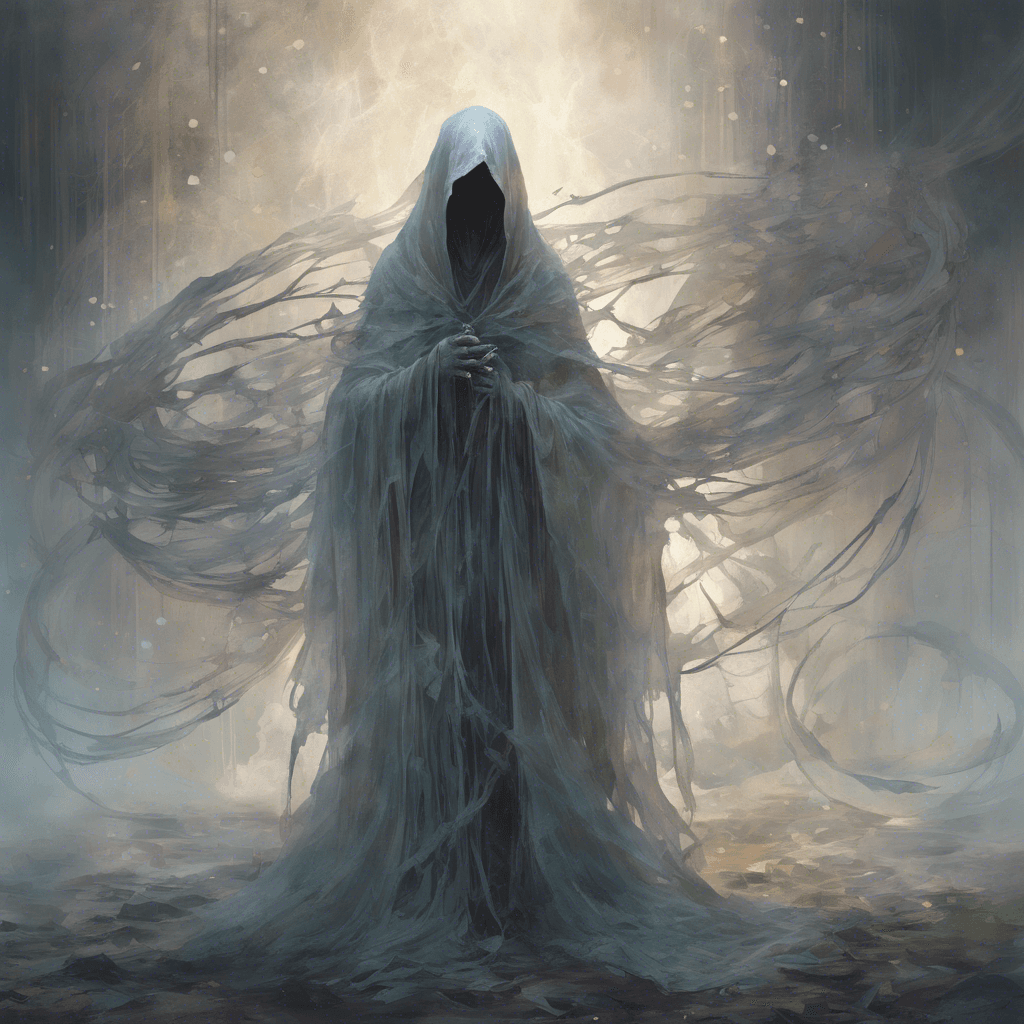 A translucent figure, cloaked in tattered robes that flutter without wind, its eyes hollow, an ethereal chain wrapped around its spectral form.