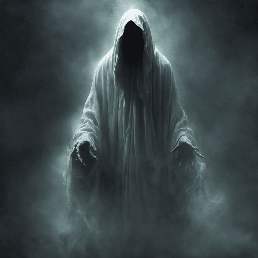 A ghostly apparition with tattered robes floating eerily above the ground, its face hidden in the shadows of its hood, and its hands emitting a soft, otherworldly glow.