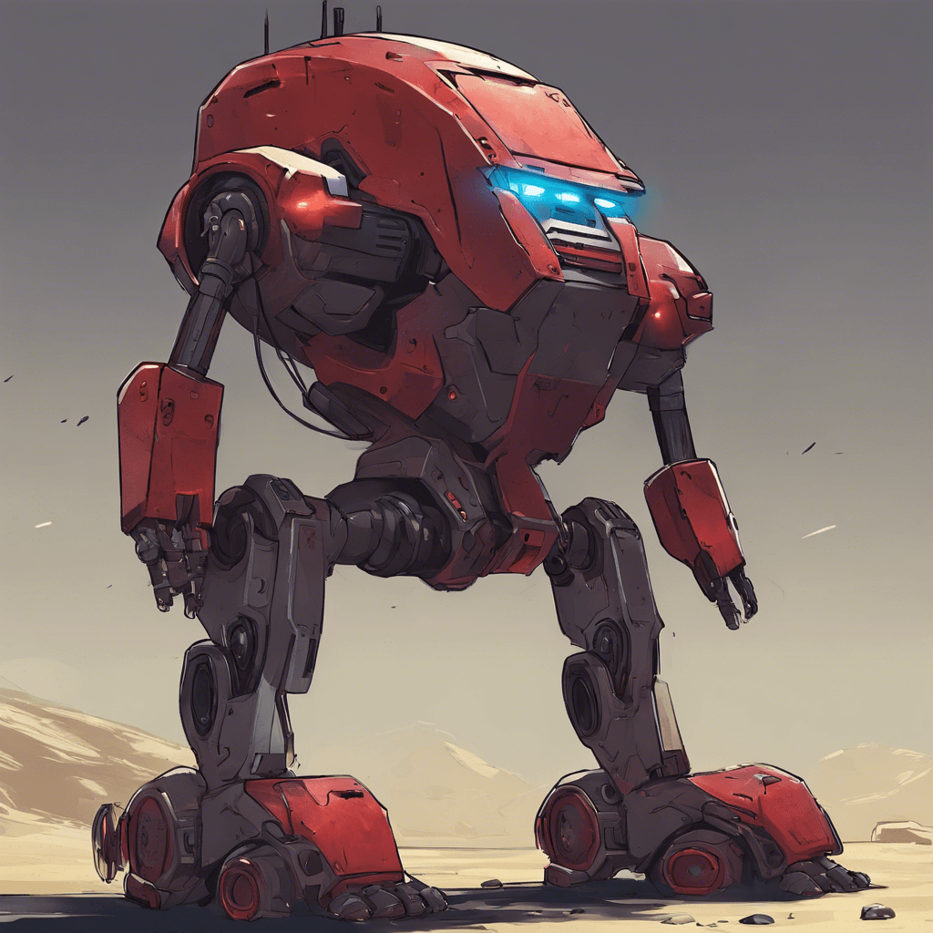 A Sentry Bot MK II with a sleek, metallic exoskeleton, glowing red sensors for eyes, and armed with an integrated pulse rifle. Its heavy tread echoes ominously as it patrols the area.