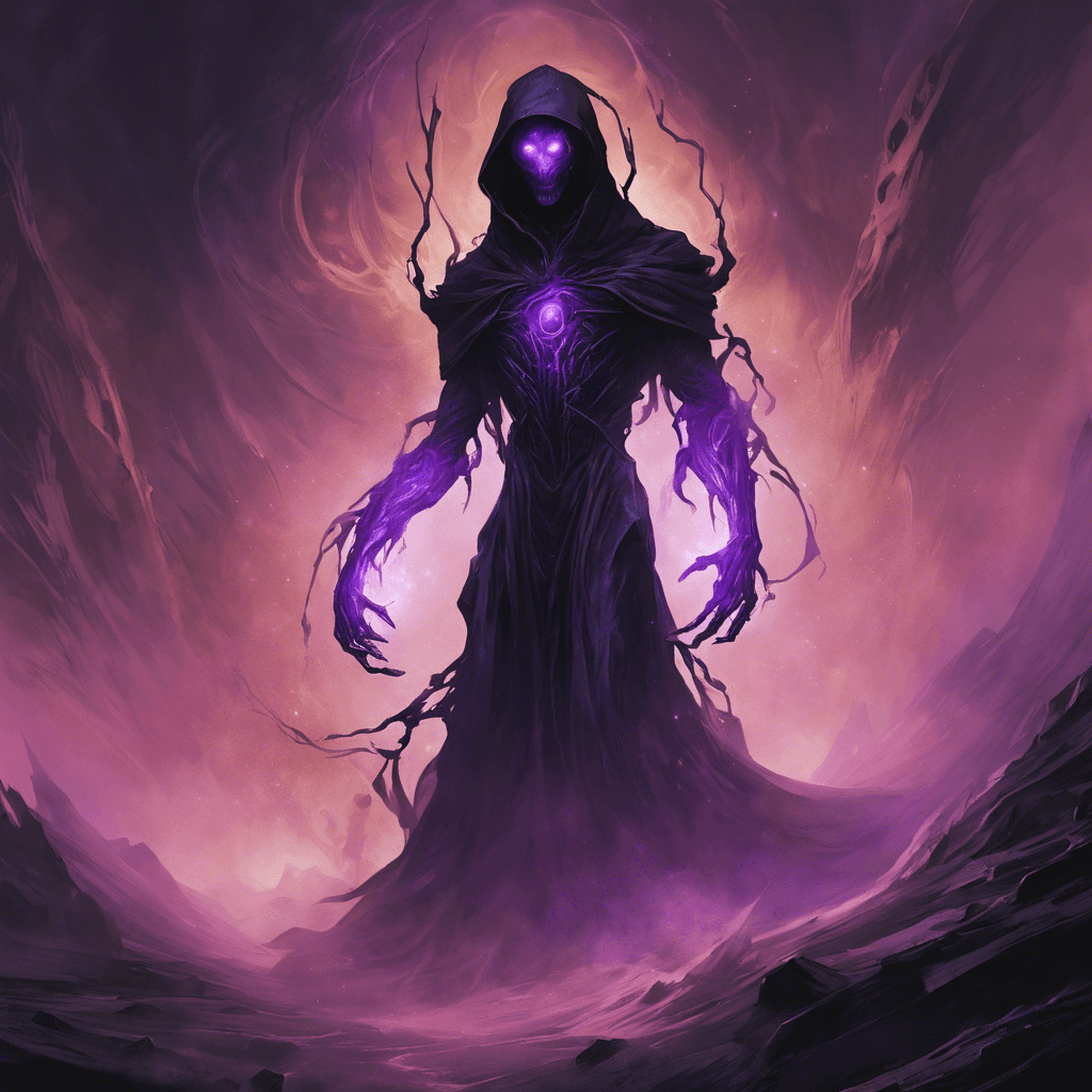 The Voidwalker is a mysterious entity from the darkest corners of space. Its body is a swirling mass of black energy, with glowing purple eyes that pierce through the darkness. It moves silently and swiftly, leaving a trail of shimmering energy in its wake.