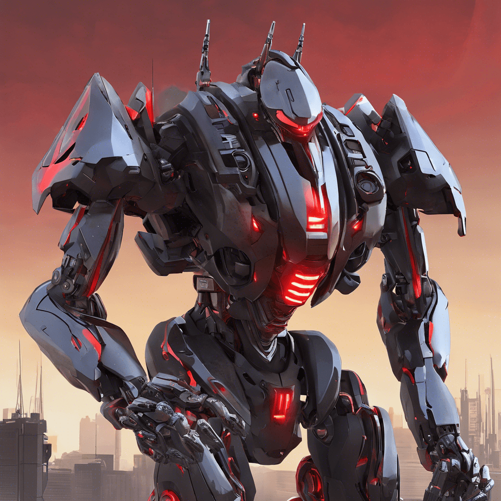 A sleek and menacing robotic sentinel with reflective chrome plating, glowing red optical sensors, and articulated limbs equipped with various built-in weaponry.