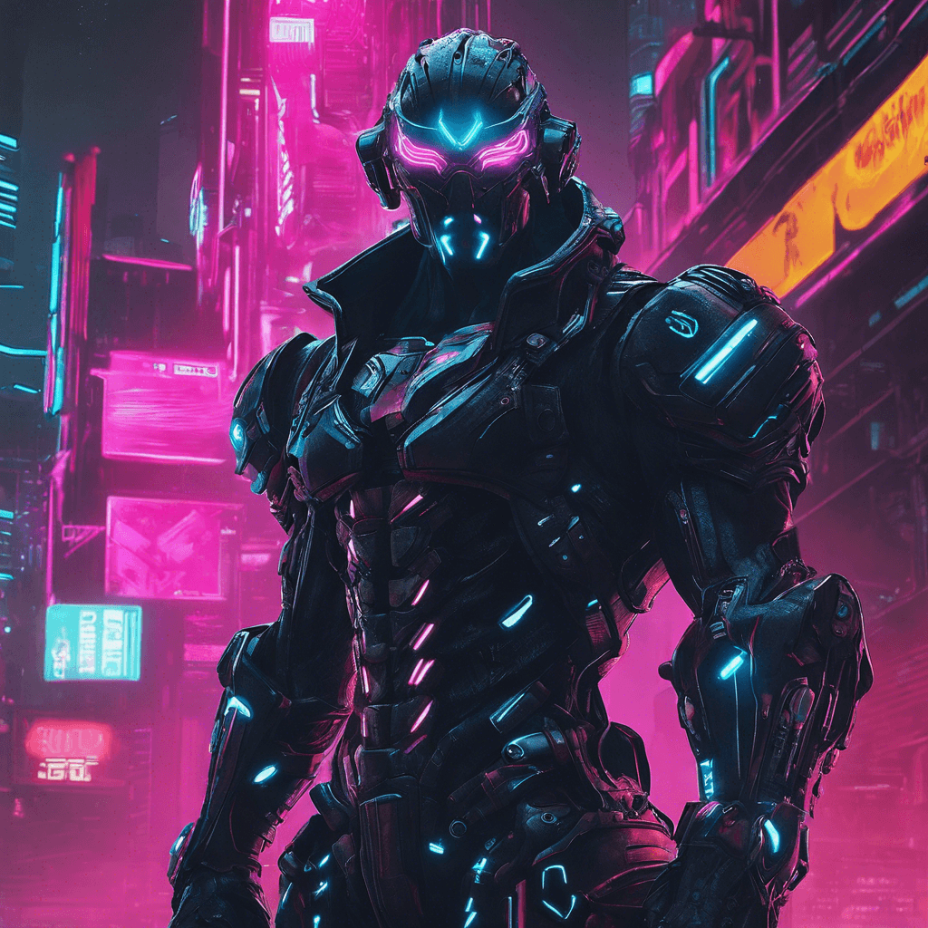 The Cybernetic Enforcer is a towering figure clad in sleek black armor, adorned with pulsating neon lights. Its eyes glow with a cold, mechanical stare, scanning its surroundings with ruthless efficiency. Its cybernetic enhancements grant it superhuman strength and reflexes, making it a formidable opponent in combat.