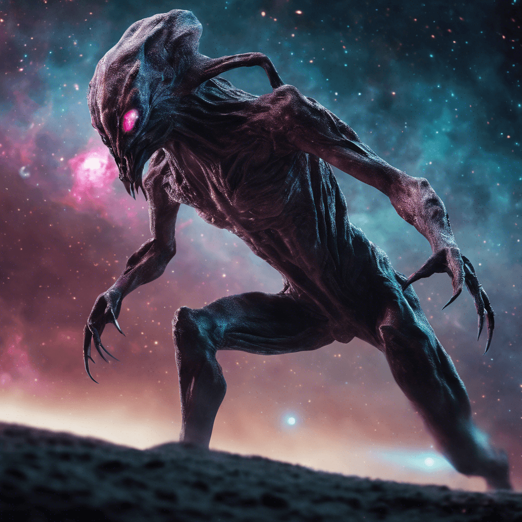 The Nebula Stalker is a sleek and stealthy creature, its body shimmering with the colors of the cosmic nebulae it traverses. Its form seems to blur and shift, making it difficult to track its movements. Sharp claws and glowing eyes add to its predatory appearance.