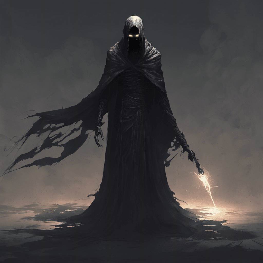 A tall, shadowy figure with glowing eyes and tattered robes. As it moves, whispers of forgotten souls surround it, sending a chill down the spine of anyone who dares to look at it.