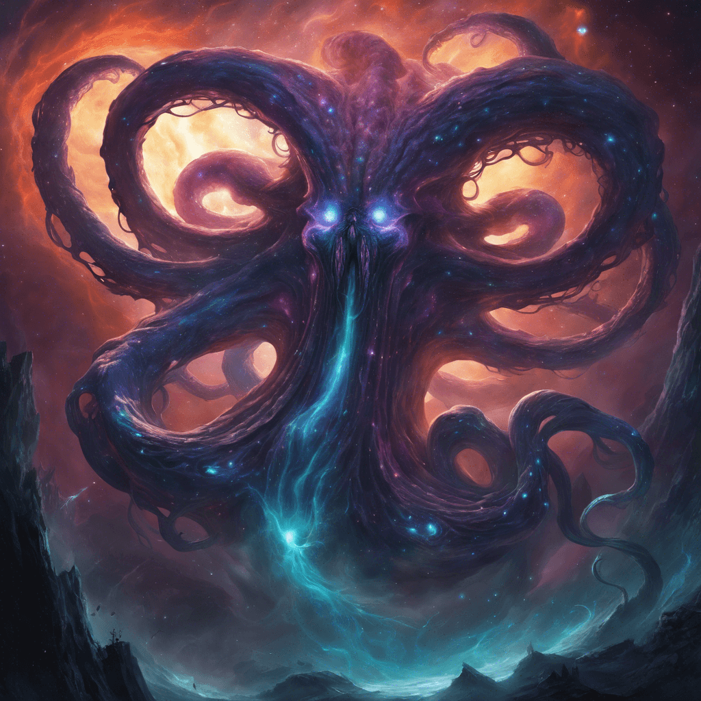 The Nebulae Devourer is a massive, celestial entity with swirling cosmic energy emanating from its core. Its tentacles reach out, crackling with destructive power, while its central eye glows with an ominous light. It feeds on the energy of stars and planets, leaving only emptiness in its wake.