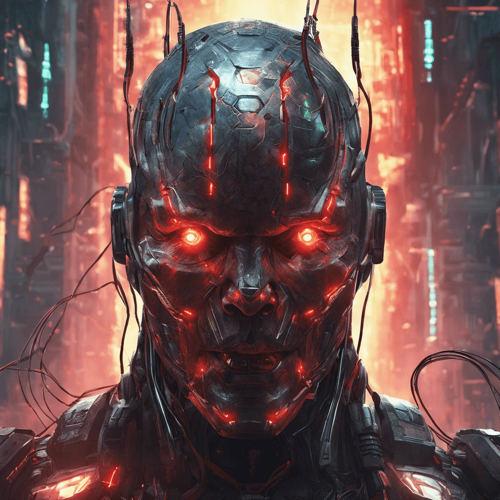 A towering brute of a man with half his face replaced by cybernetic enhancements, glowing red eye, and wires fusing into his skin. He wears a patchwork of stolen military exo-armor, pulsing with illegal energy surges.