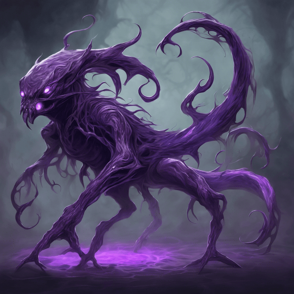 A creature that is an embodiment of shadows, with no fixed form. Its eyes glow with a sinister purple hue, and tendrils of darkness swirl around its semi-transparent body.