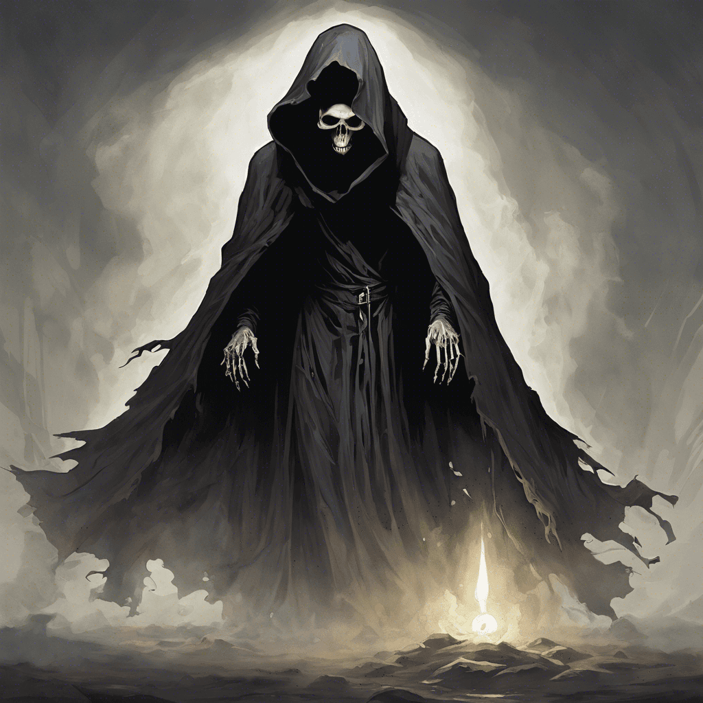 A spectral figure shrouded in tattered black robes floats above ground, with a skull-like face peering out from the shadowy hood. Its hollow eyes emit a faint, ghostly glow.