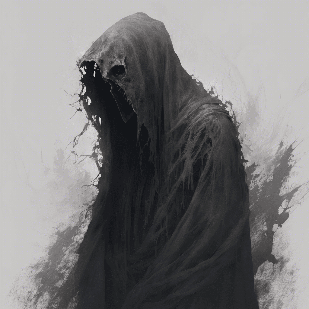 A spectral figure clad in tattered robes, its face obscured by shadows. The sound of whispers and eerie moans emanate from its form, sending chills down your spine.