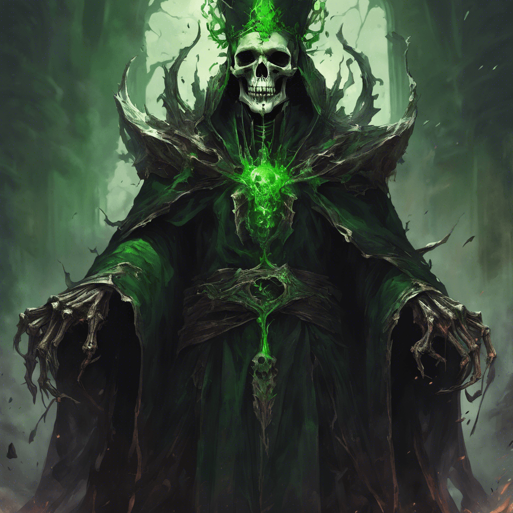 A towering figure enshrouded in tattered royal robes, its skull gleaming with a malevolent green fire in the eye sockets. Jagged crown fused to its bones and hands crackling with necrotic energy.