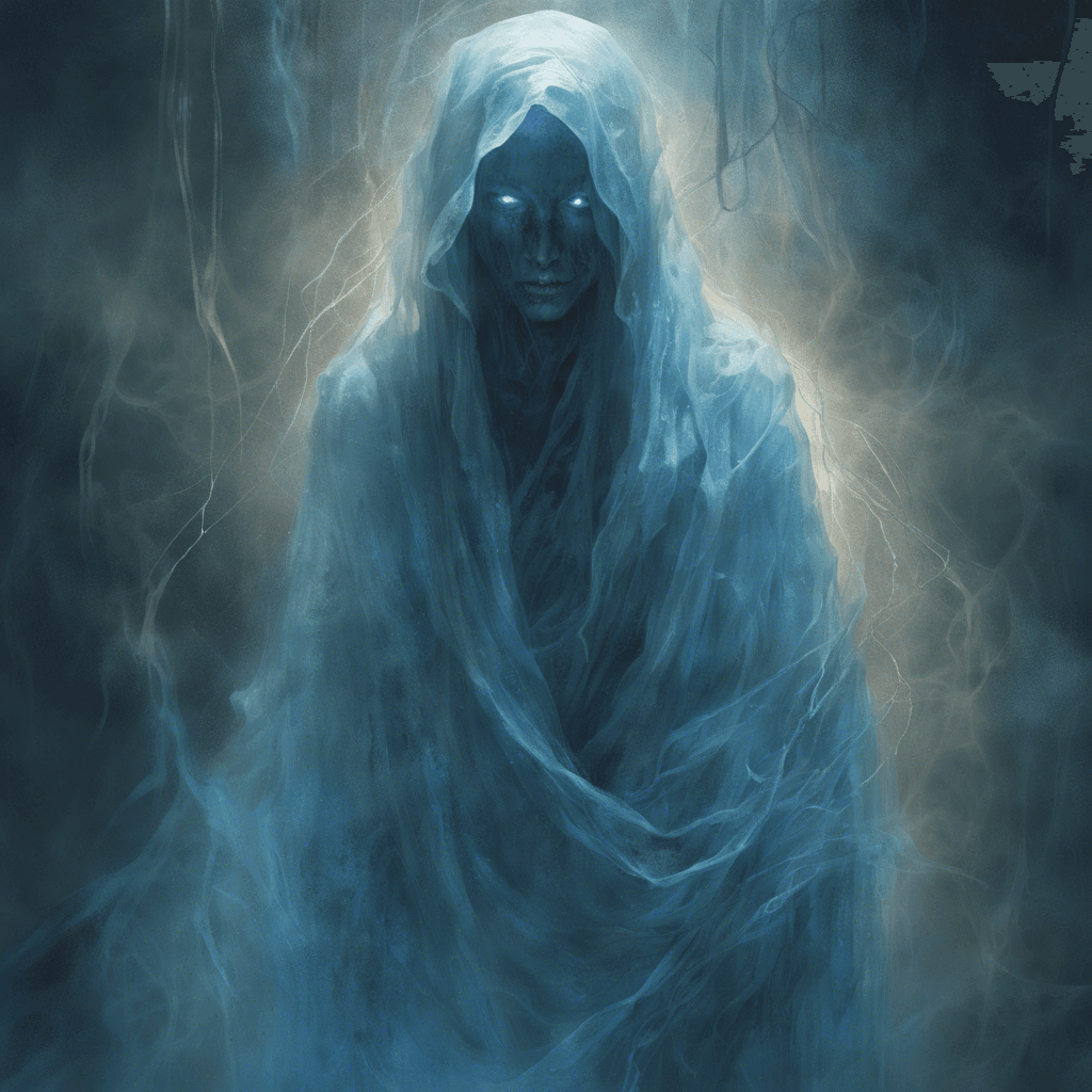 A ghostly figure, translucent and shimmering, with tattered robes floating as if underwater. Its face is a blurred visage of sorrow and rage, eyes glowing a hollow blue. Drifting silently, ethereal chains clink softly around its form.