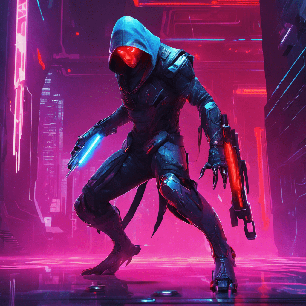 A sleek and agile cybernetic assassin cloaked in a neon glow, with razor-sharp cybernetic enhancements integrated into their limbs and body. Their eyes glow with a menacing red light, scanning for targets with deadly precision.