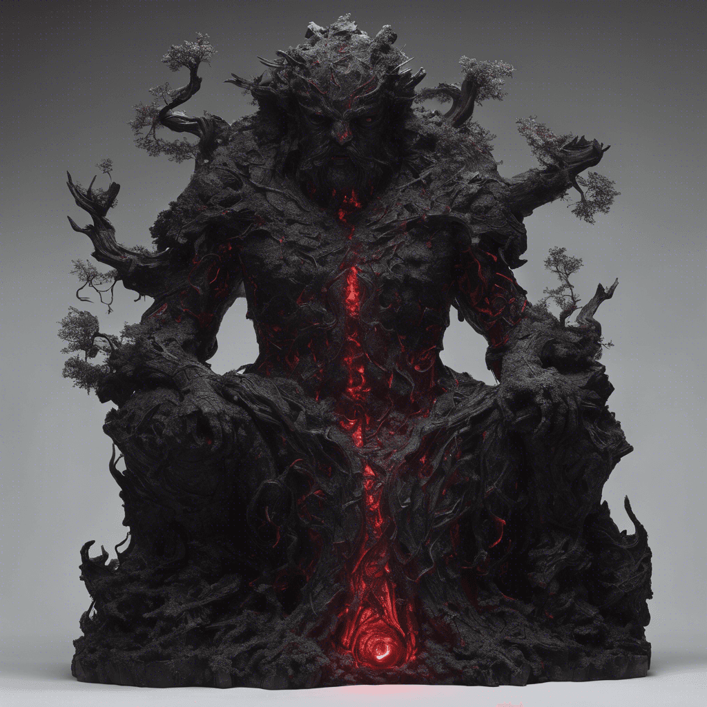 A towering figure carved from glossy black stone, eyes glowing with a deep crimson light. Its massive stone limbs are inscribed with glowing runes of binding and destruction. Ivies and moss partially cover its body, hinting at its ancient origin.