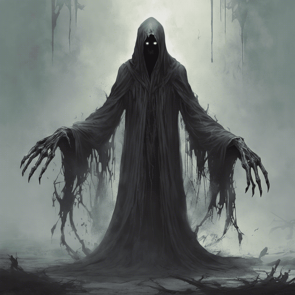 A wraith-like spectral figure, shrouded in tattered robes that hover above the ground. Its eyes are hollow pools of darkness, and its hands are elongated with claw-like fingers that seem to reach out hungrily.