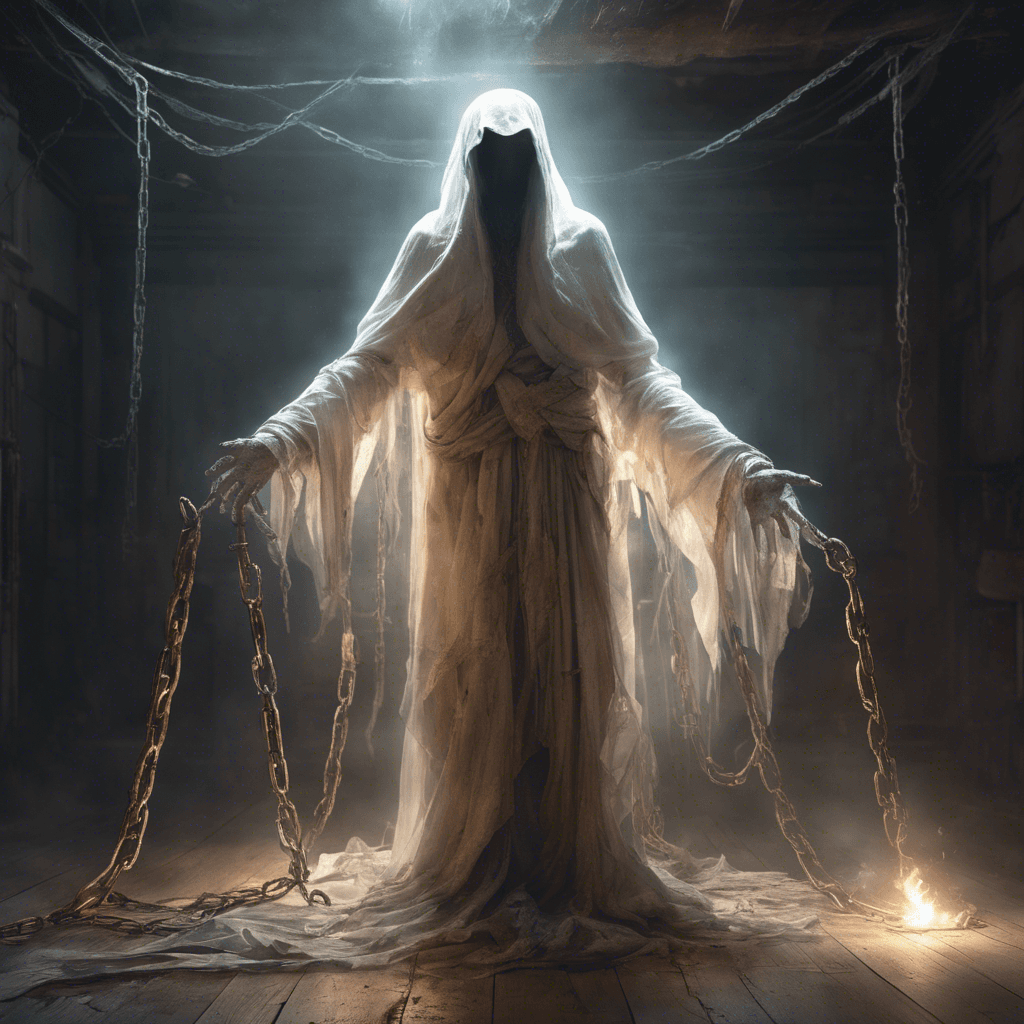 A translucent apparition draped in tattered robes. Its eyes burn with a ghostly light, and chains clank as they drag along the floor behind it.