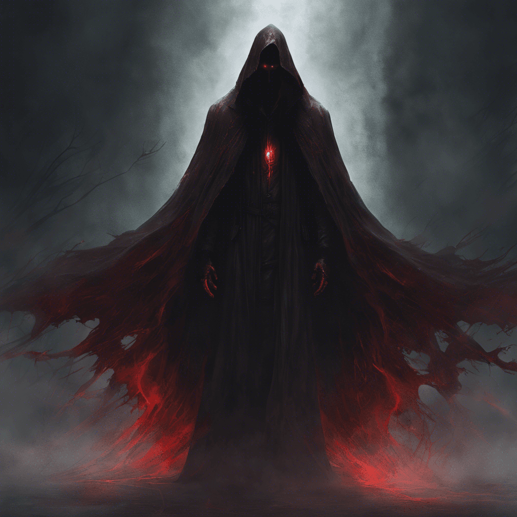 A tall figure shrouded in a dark, tattered cloak. His eyes glow with a sinister red light, and his hands crackle with dark arcane energy.