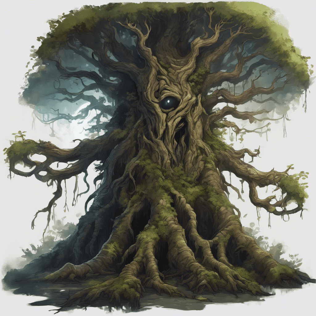 A towering, ancient treant with a sentient gaze. Its bark is dark as the midnight sky, with moss and luminous fungi adorning its twisted, massive limbs. Gleaming eyes peer from its gnarled face, and roots burrow deeply into the earth.