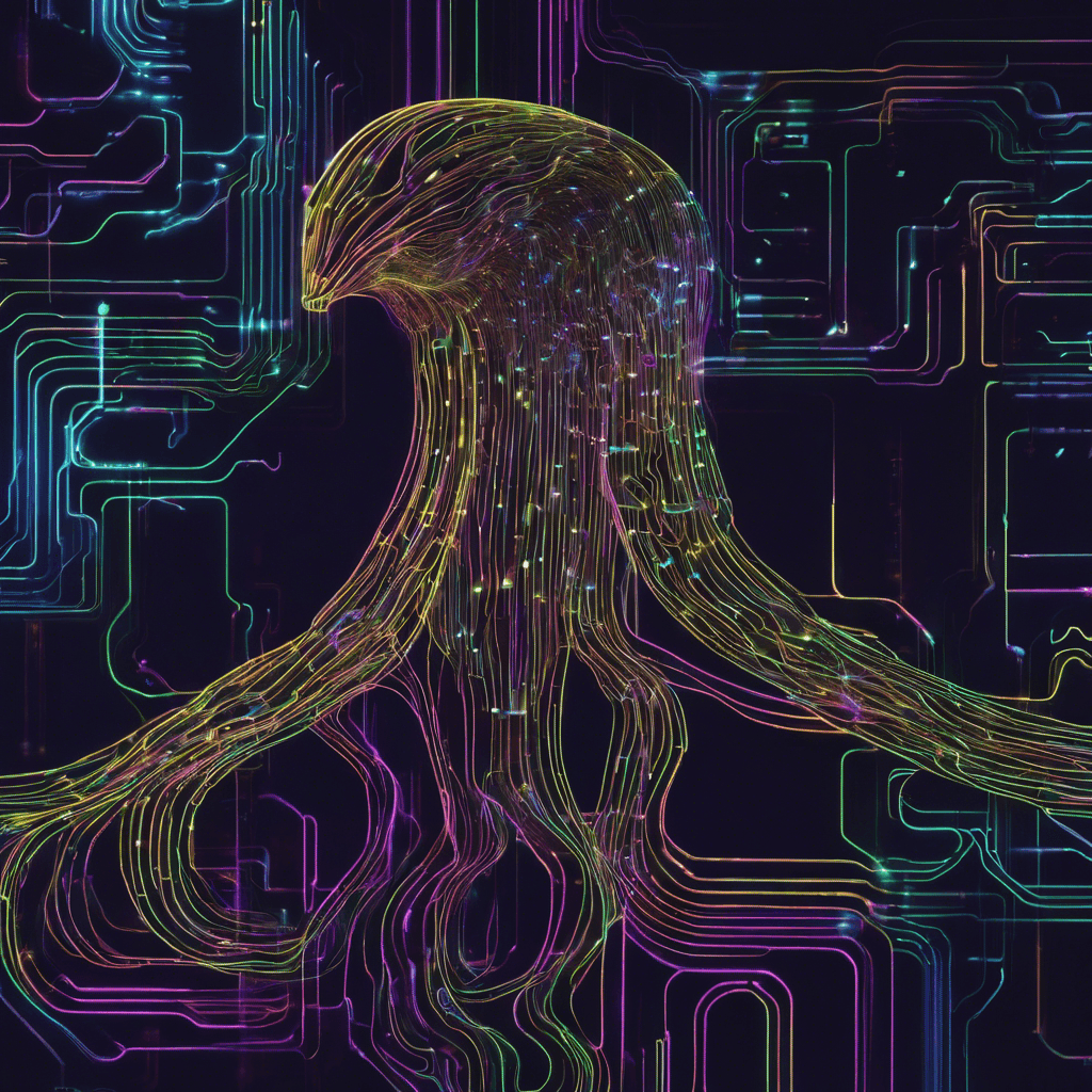 A sinuous creature of flowing code and glowing neon circuits, hovering ominously with tendrils of data streaming from its silhouetted form.