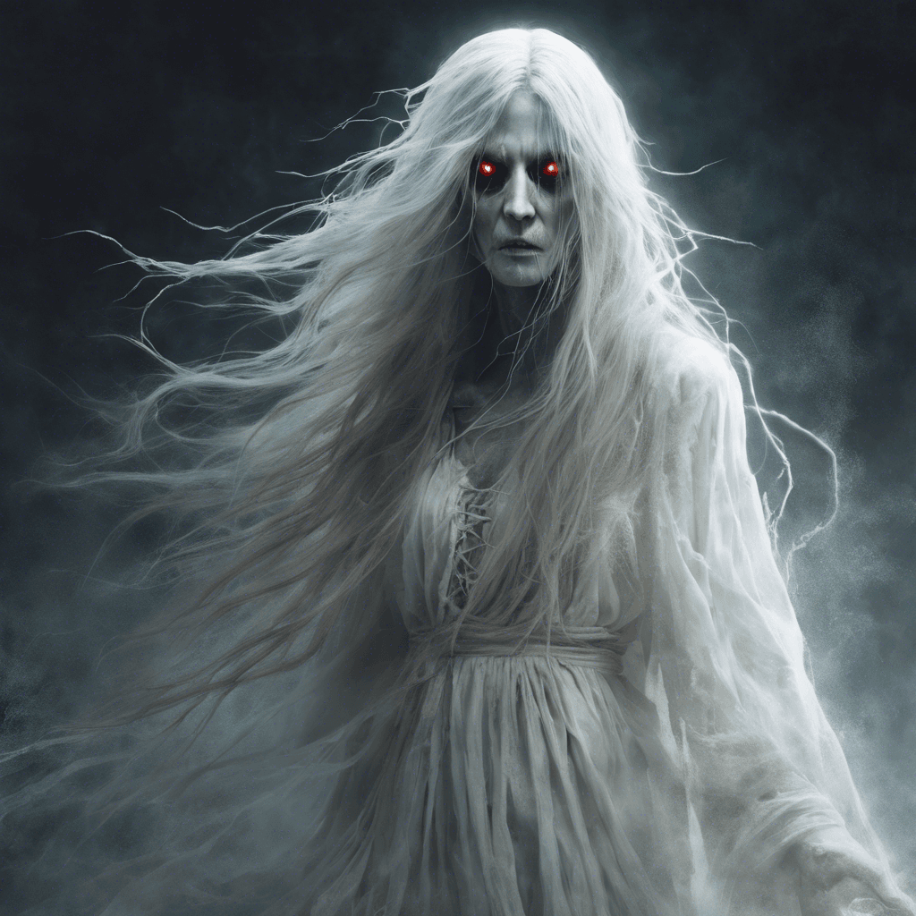 A female ghost with long, flowing hair and tattered white dress, emitting a bone-chilling wail that freezes the blood of all who hear it. Her eyes glow with a malevolent light, and her presence brings a sense of dread and despair to all who encounter her.