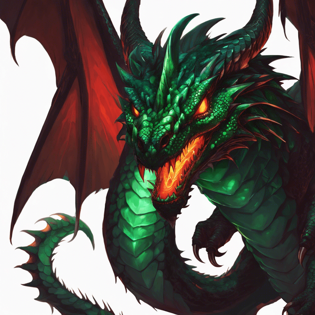 A colossal serpent-like dragon with emerald green scales, razor-sharp fangs, and two massive, leathery wings. Its eyes glow with a sinister red light.