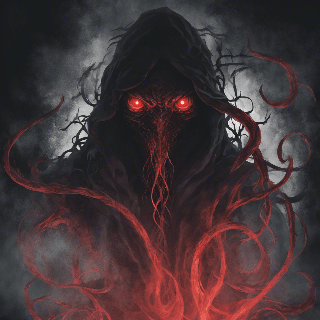 A shadowy figure with glowing red eyes peering out from its shrouded form, tendrils of darkness drifting off its body like smoke.