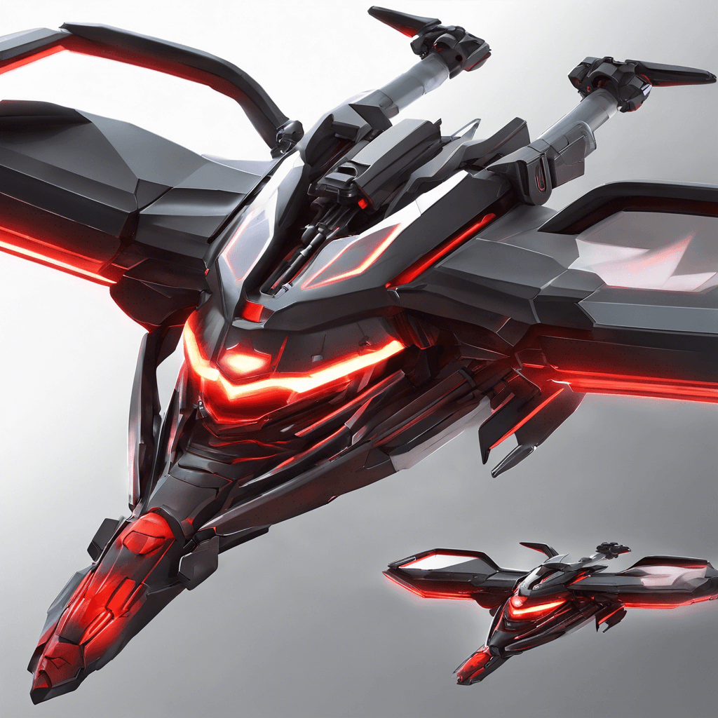 A sleek, metallic drone with angular edges and glowing red sensors. Its wings emit a sharp, buzzing sound as it hovers menacingly in the air, ready to attack with its mounted laser blasters and sharp, retractable talons.