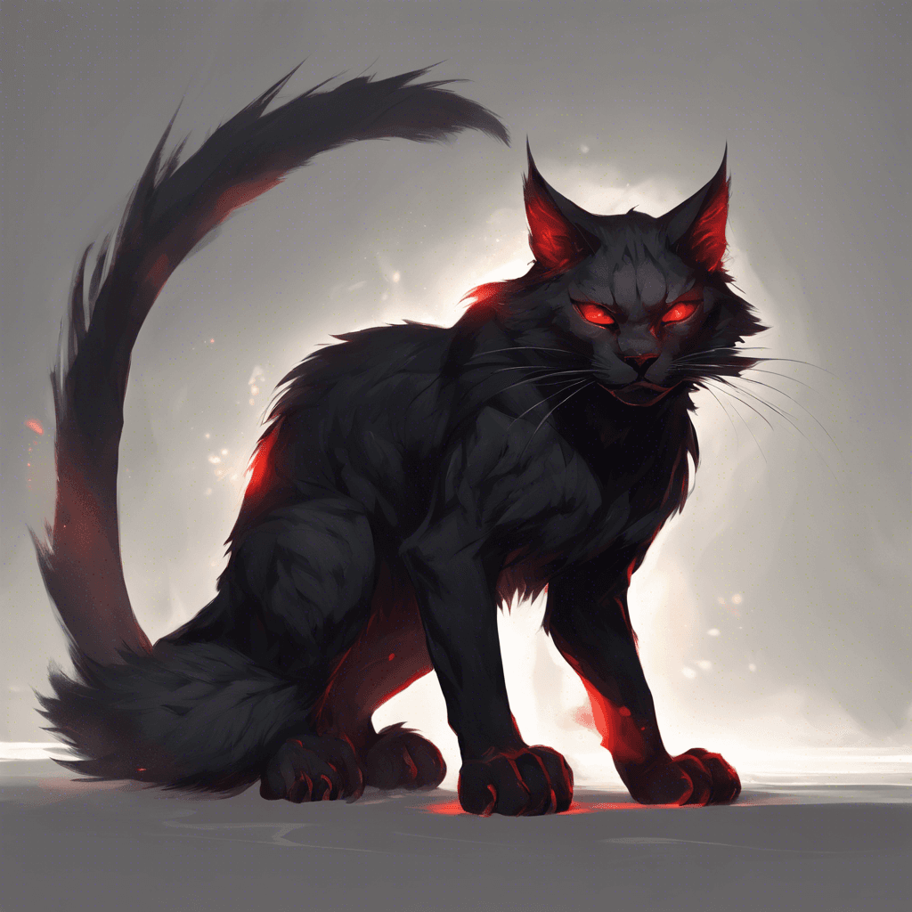 A swarthy feline creature with gleaming red eyes, cloaked in shadows, pads silently on large paws. Its fur seems to absorb the light around it, and sharp claws glint menacingly at its tips.