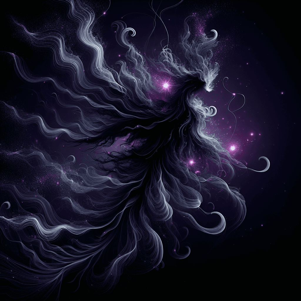 A swirling mass of shadowy tendrils, the Nightshade Wisp moves with silent grace. Its form is ever-shifting, a dark cloud with flickers of purple light emanating from its core, as if mimicking the absent stars.