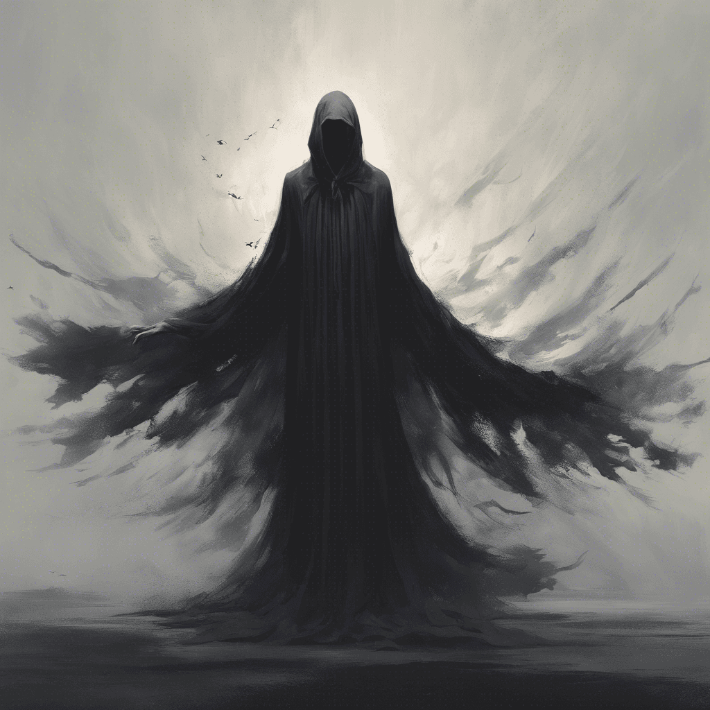 A shadowy figure with tattered robes floating without wind, its eyes hollow yet emitting a faint, sinister light; long, ethereal fingers reach out as if to draw life itself from the air.