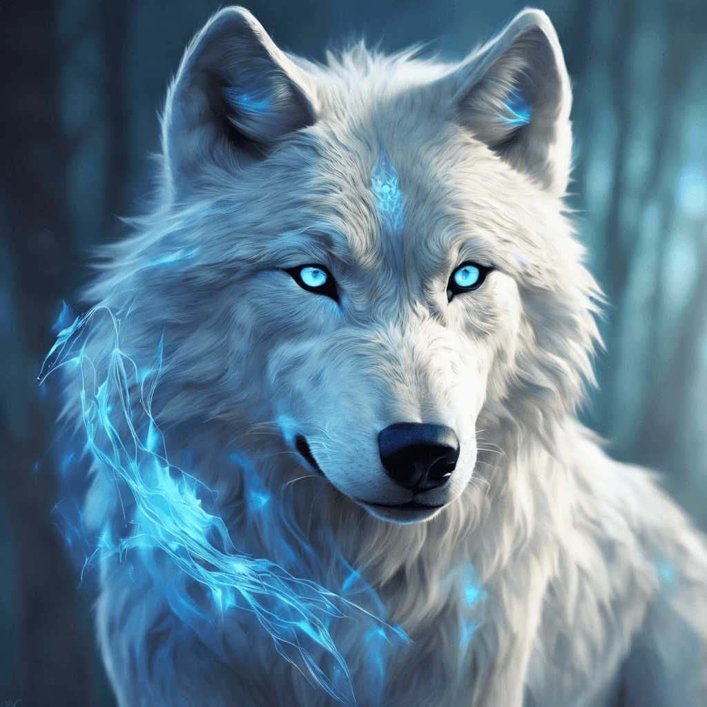 A translucent wolf shimmering with ethereal light, its form almost indistinct except for the piercing blue eyes that hold a wisdom of ages. Its fur seems to flutter with spectral energy, and its movements are silent but deadly.