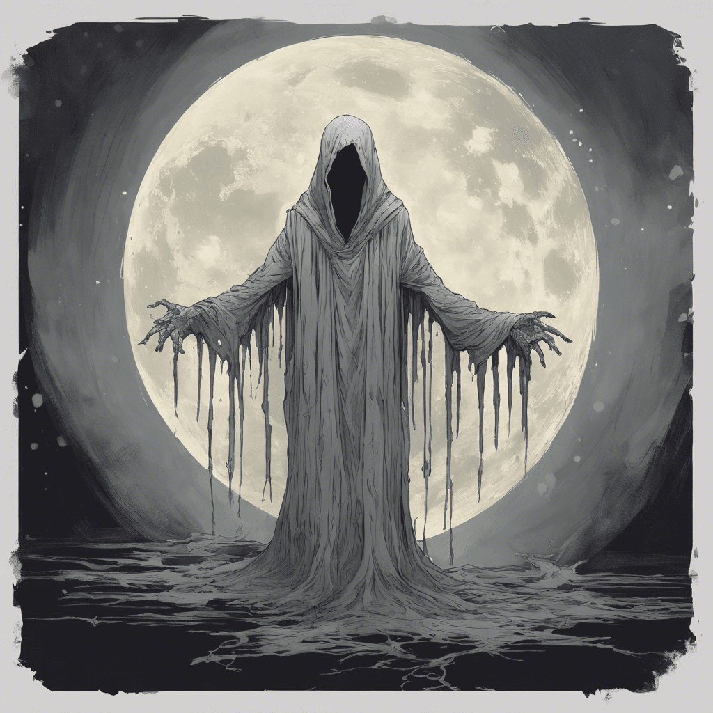 A spectral figure with tattered robes floating around it, skin as pale as the moon, eyes hollow with a faint glow, and a mournful wail that chills to the bone.